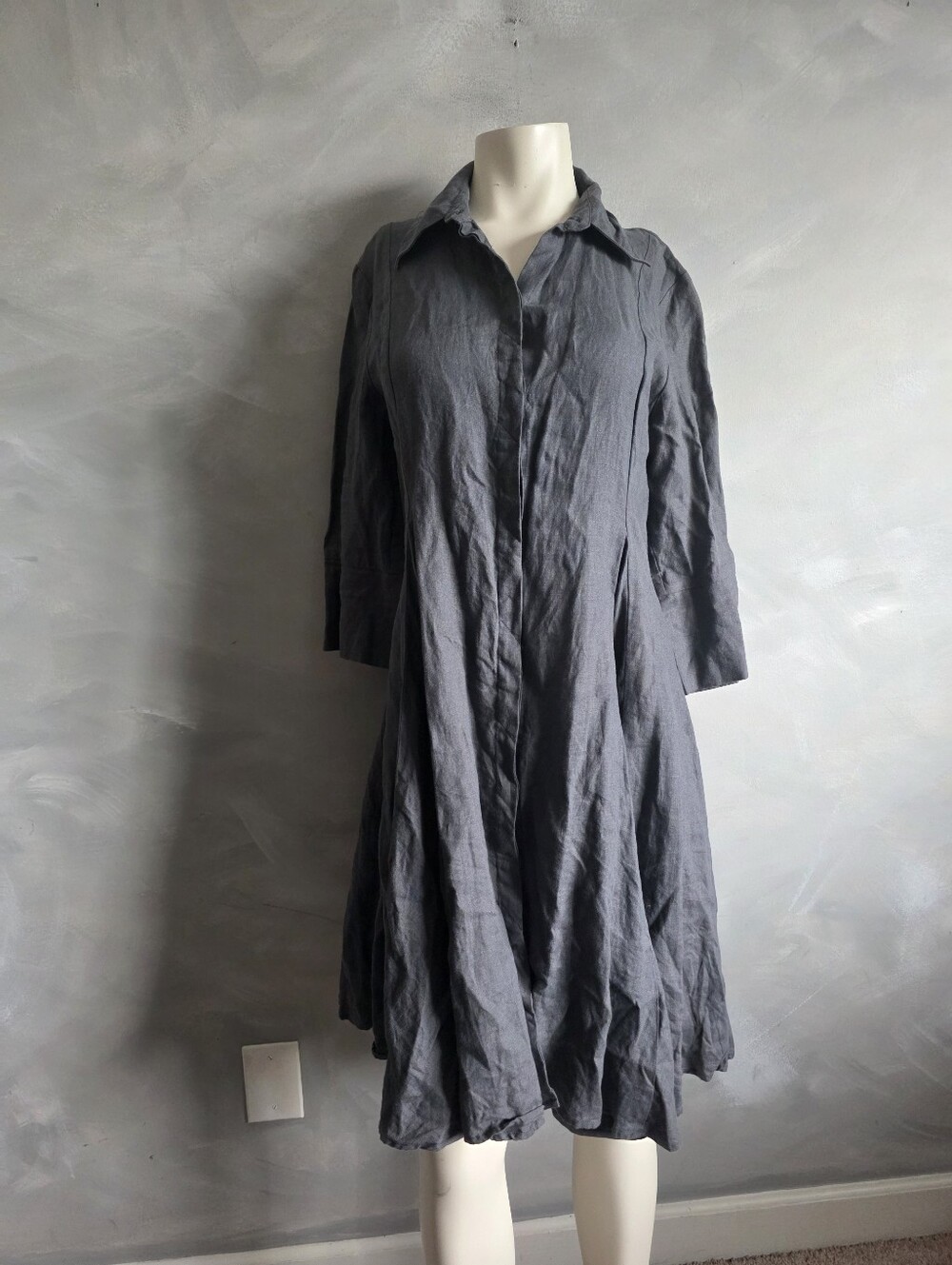 Comfy USA Gray 3/4 Sleeve Shirt Dress Pleat Lagenlook Art To Wear Linen Sz S